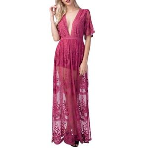 Boho floral lace romper dress - pink - medium